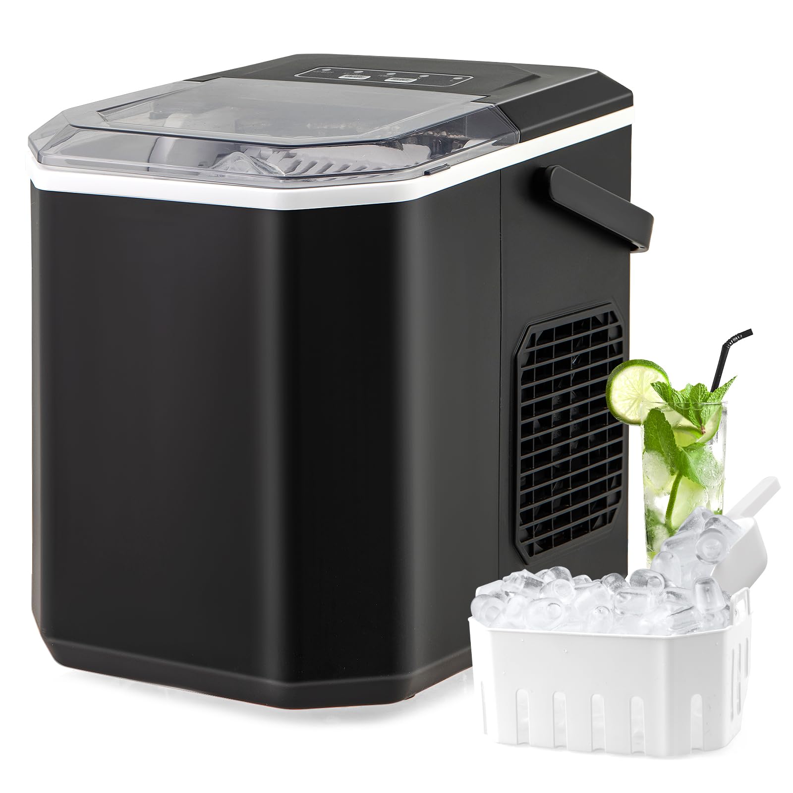 COSTWAY Countertop Ice Maker with Self-Cleaning, 9 Ice Cubes Ready in 6-13 Mins, 26.5Lbs/24H, 2 Sizes of Bullet Ice, Portable Ice Machine with Handle, Ice Scoop and Basket for Home Office (Black)