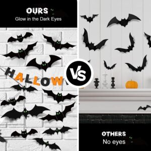 Bats Halloween Decorations Indoor, 110 Pcs Halloween Bats with Glow in The Dark Eyes, 3D Bats for Halloween Wall Decor, 5 Styles, 136 Pcs of Double-Sided Tape Included