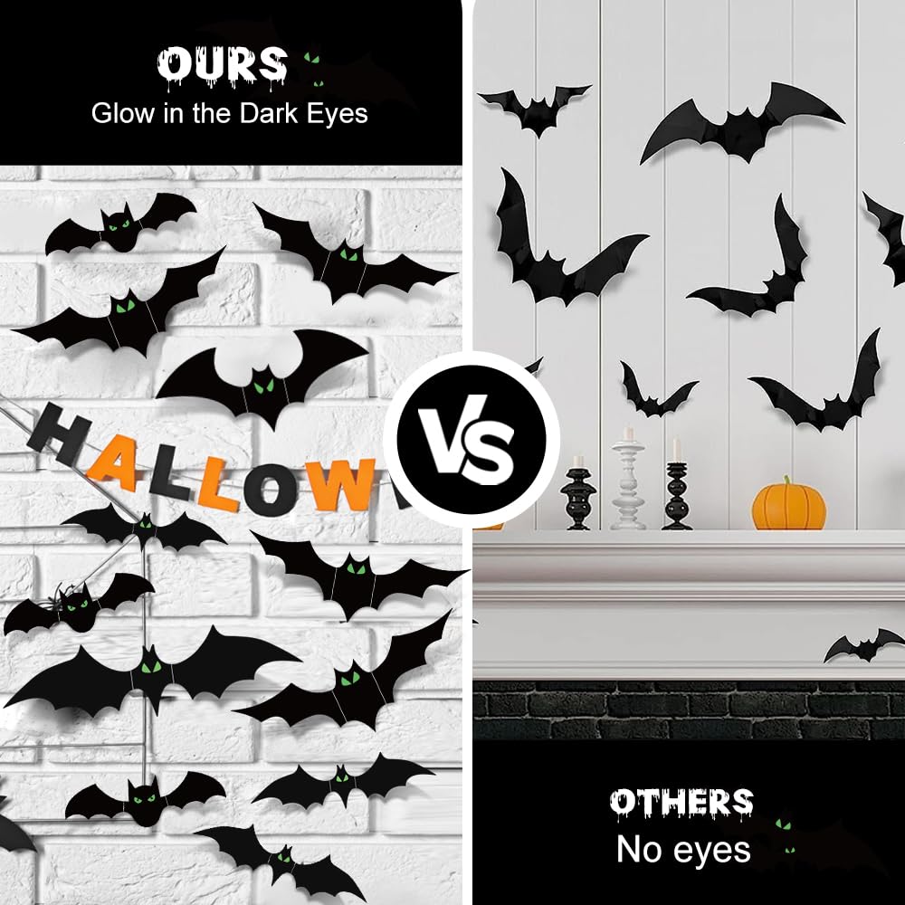 Bats Halloween Decorations Indoor, 110 Pcs Halloween Bats with Glow in The Dark Eyes, 3D Bats for Halloween Wall Decor, 5 Styles, 136 Pcs of Double-Sided Tape Included