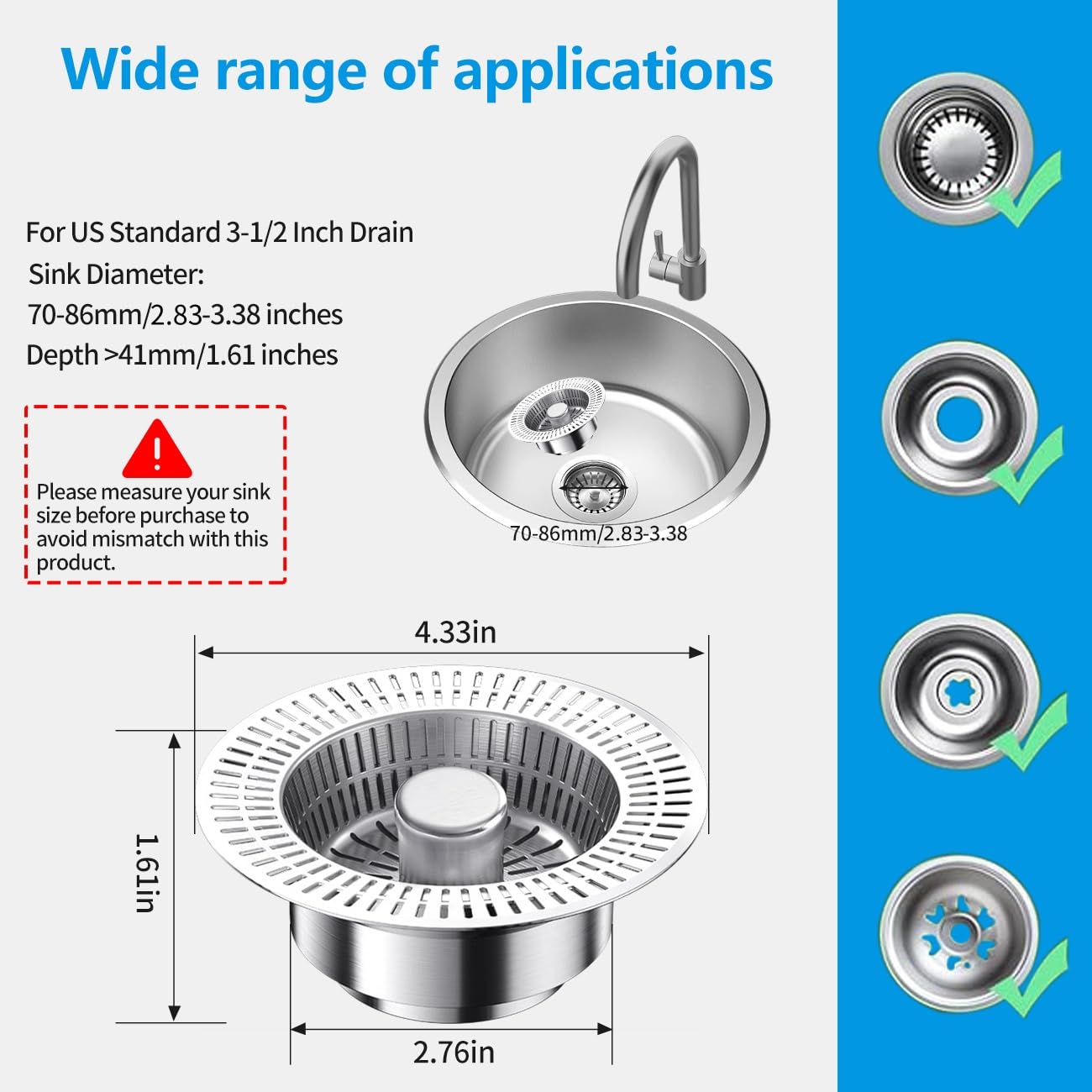 AAEJE【2024 New Upgrade】 3 in 1 Kitchen Sink Drain Strainer，Stainless Steel Pop Up Sink Drain Strainer，Kitchen Sink Stopper for US Standard 3-1/2" Drain