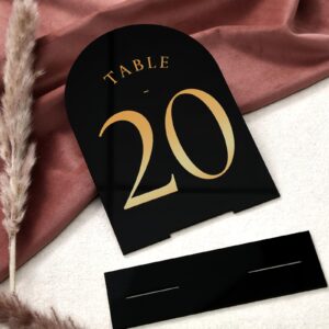 UNIQOOO Black Arch Wedding Table Numbers with Stands 1-30, Gold Foil Printed 5x7 Double Sided Acrylic Signs and Holders, Perfect for Centerpiece, Reception, Decoration, Party, Anniversary, Event