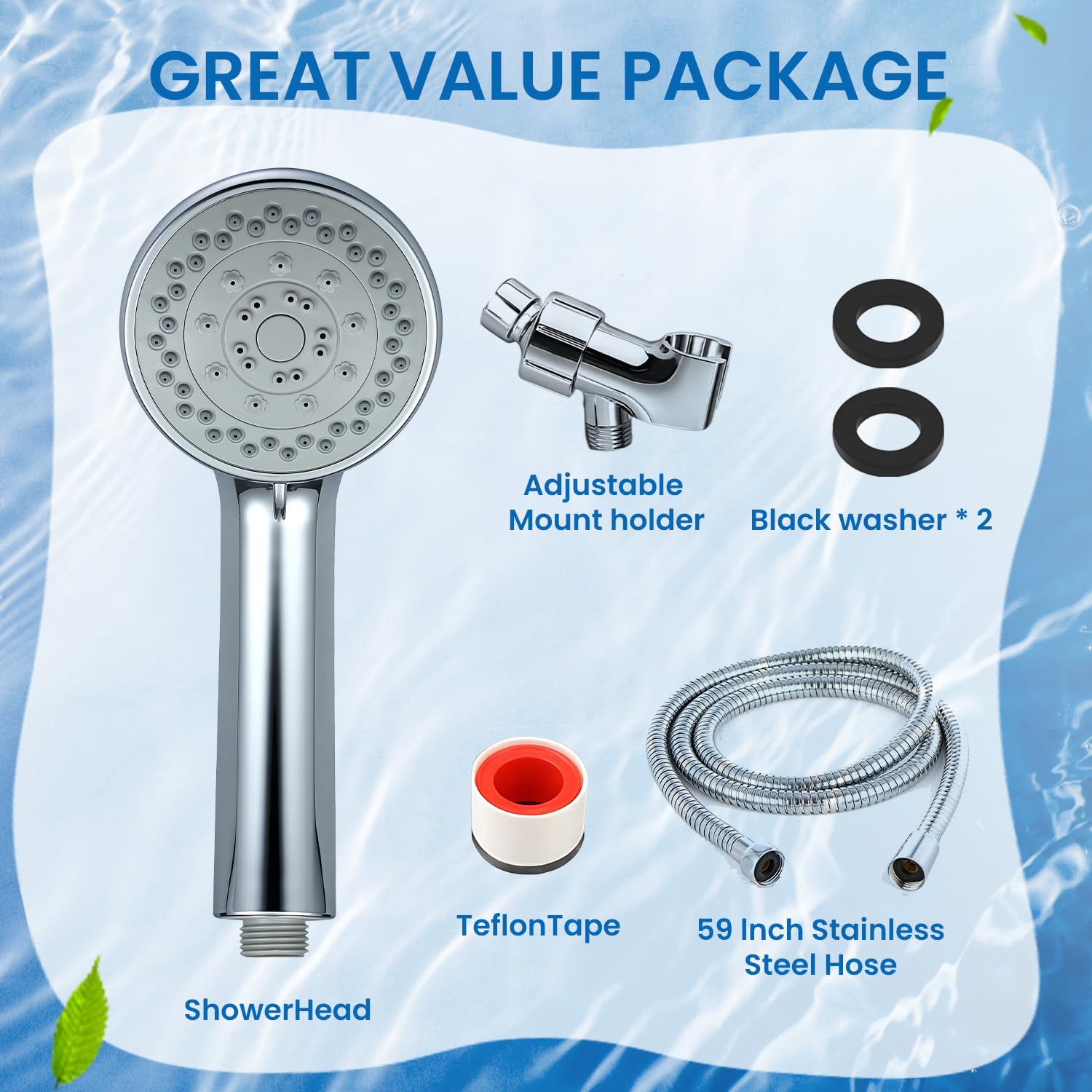 Shower Head, Axioblis 5 Function High Pressure Handheld ShowerHead with Shower Hose and Adjustable Bracket, Velynda