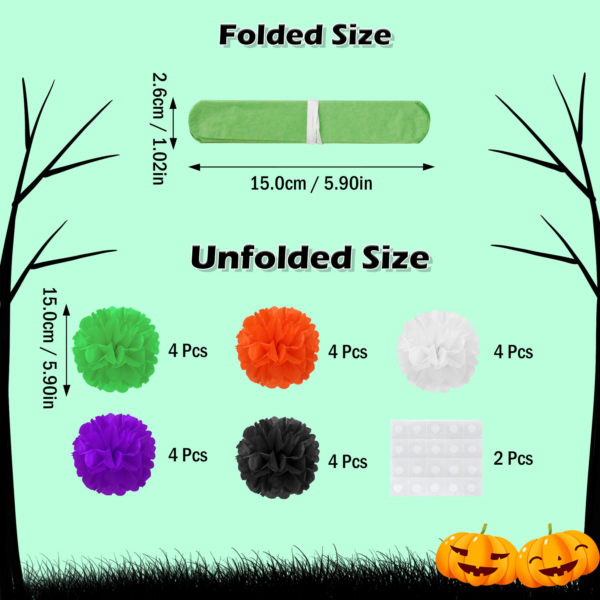 mortd 20 PCS Halloween Paper Tissue Honeycomb Balls, 6” Black White Orange Purple Green Tissue Paper Pom Poms Decorations with Glue for Halloween Bulletin Board School Wall Decorations