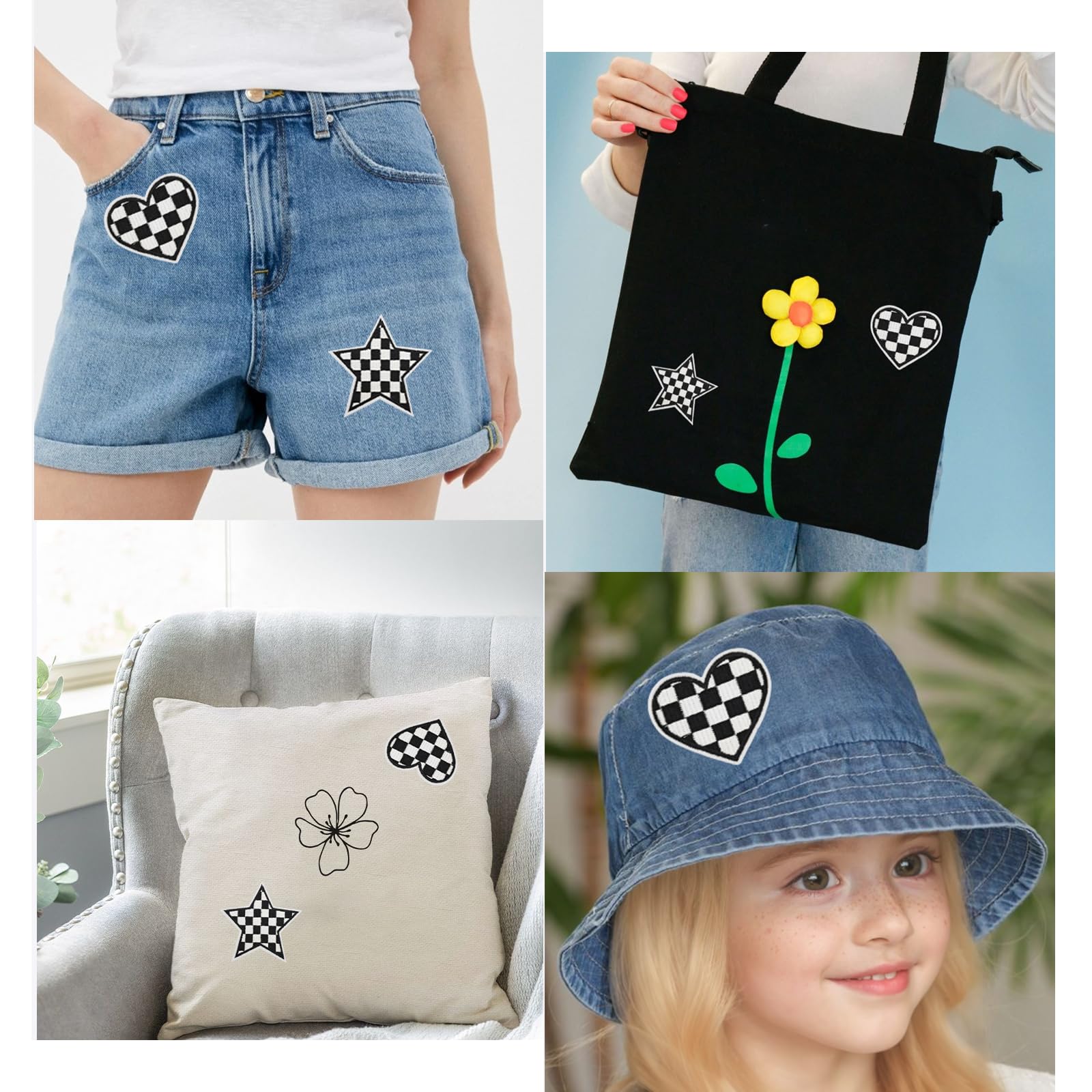 16Pcs Black&White Checkered Heart&Star Western Iron on Embroidered Set, Contains 8 Heart Patches and 8 Star Patches, Black&White Embroidered Sew on Patch Applique Embellishments for Jeans, Hat