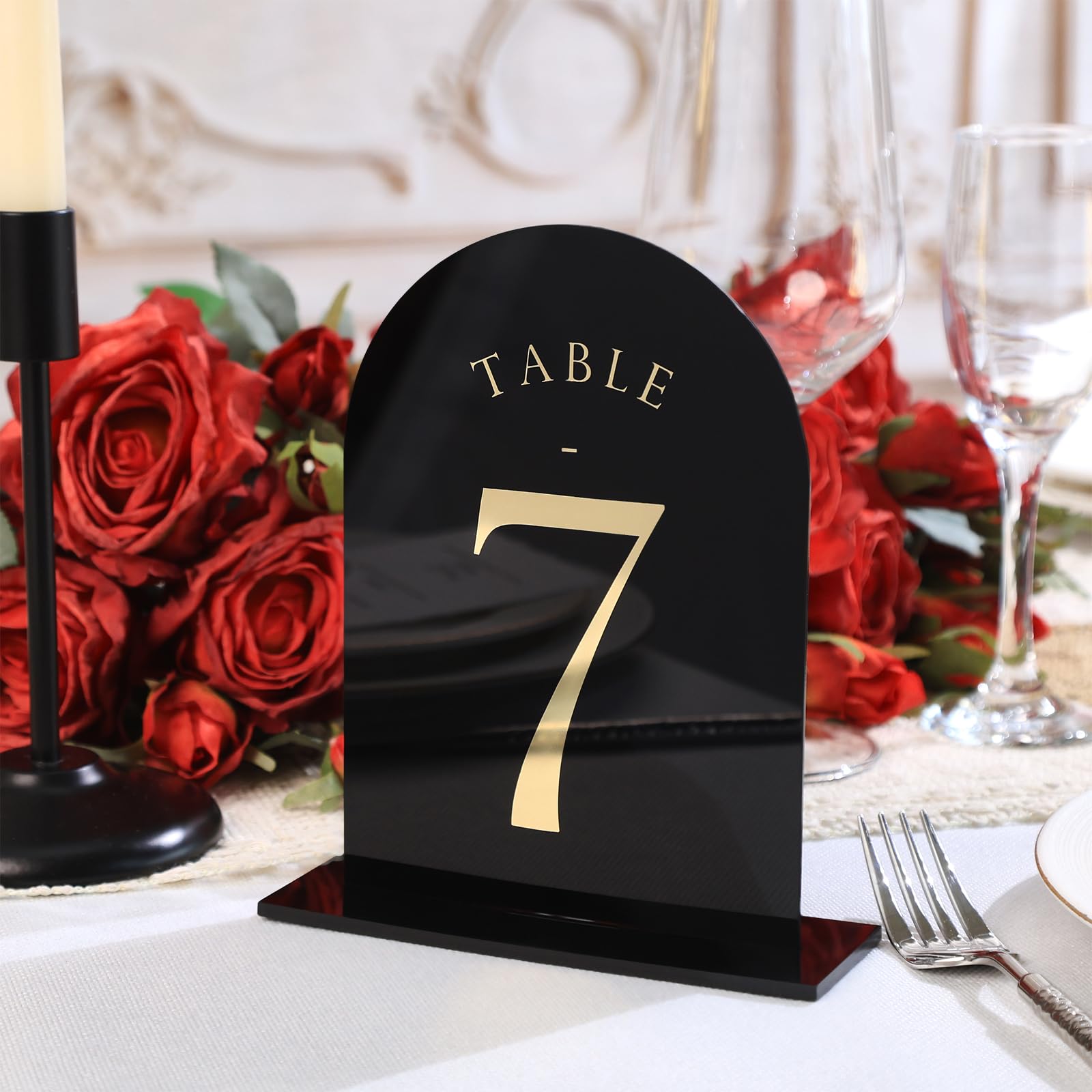 UNIQOOO Black Arch Wedding Table Numbers with Stands 1-30, Gold Foil Printed 5x7 Double Sided Acrylic Signs and Holders, Perfect for Centerpiece, Reception, Decoration, Party, Anniversary, Event