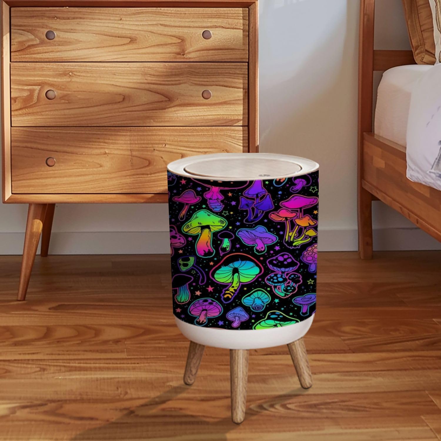 LGCZNWDFHTZ Small Trash Can with Lid for Bathroom Kitchen Office Seamless bright psychedelic mushrooms Garbage Bin Waste Basket Decorative 1.8 gallons, 14x9inch