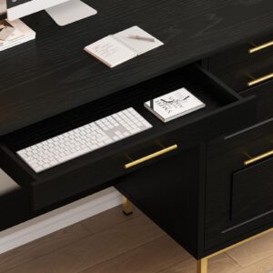 4 EVER WINNER Black Desk with Drawers, 43” Home Office Desk with Storage, Golden Handle for Bedroom, Black and Gold Desk Study Writing Desk for Small Space, Black