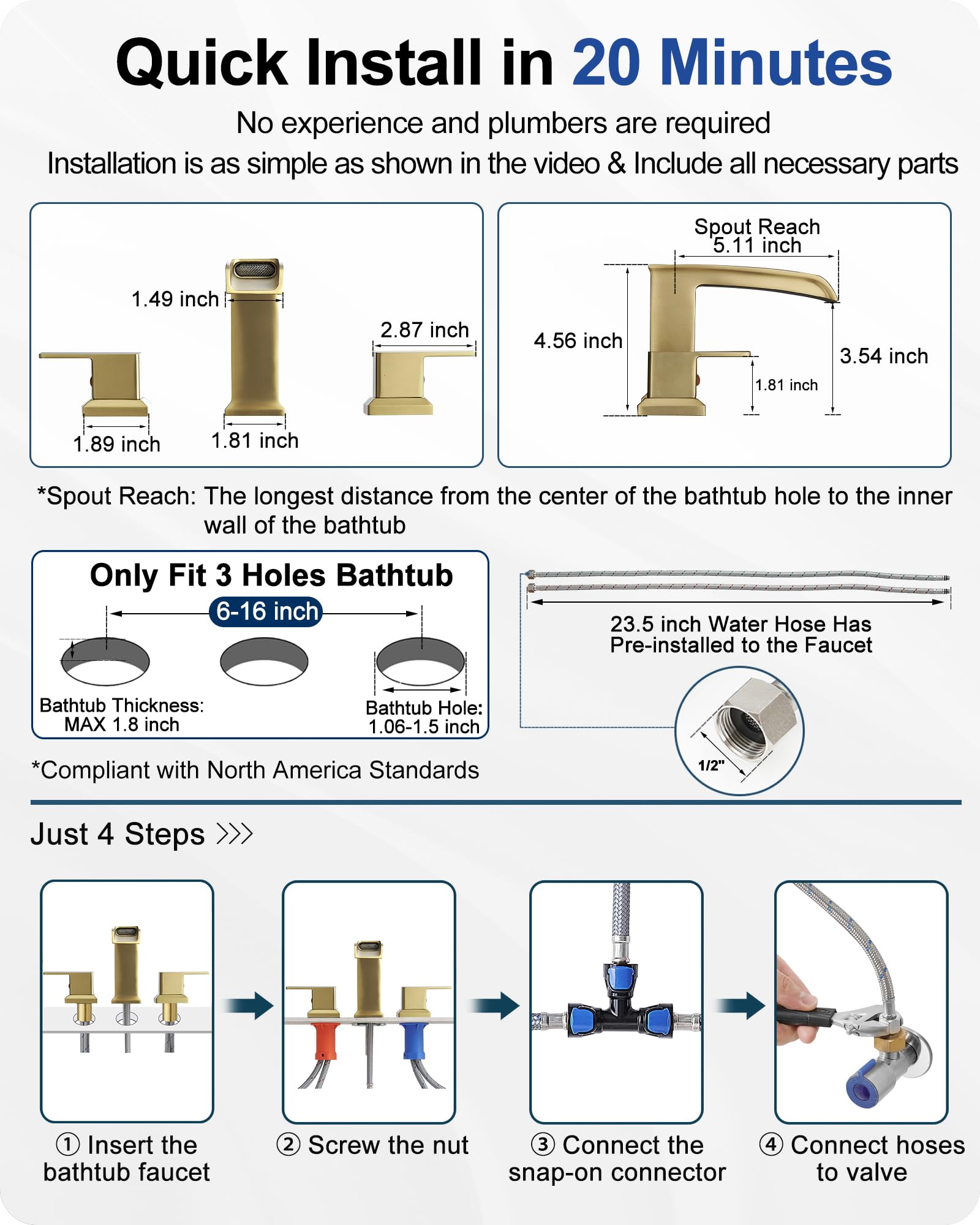 HOIGY Roman Bathtub Faucet Deck Mount 3 Hole, Brass Waterfall Faucet for Bathtub 6-16 Inch, Brushed Gold Tub Faucet Set 2 Handle, High Flow Widespread Bathtub Faucets with Water Hoses for Hotel