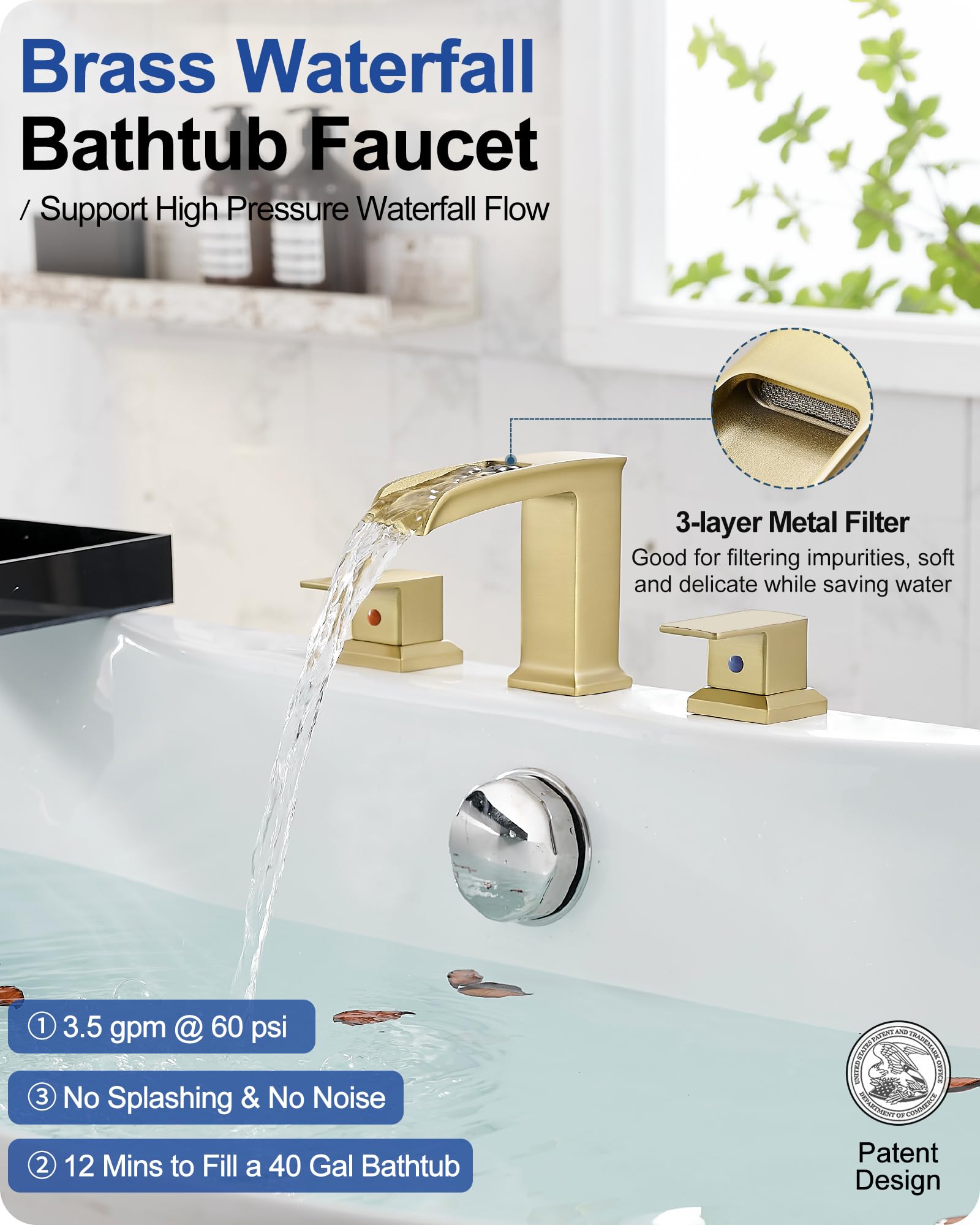 HOIGY Roman Bathtub Faucet Deck Mount 3 Hole, Brass Waterfall Faucet for Bathtub 6-16 Inch, Brushed Gold Tub Faucet Set 2 Handle, High Flow Widespread Bathtub Faucets with Water Hoses for Hotel