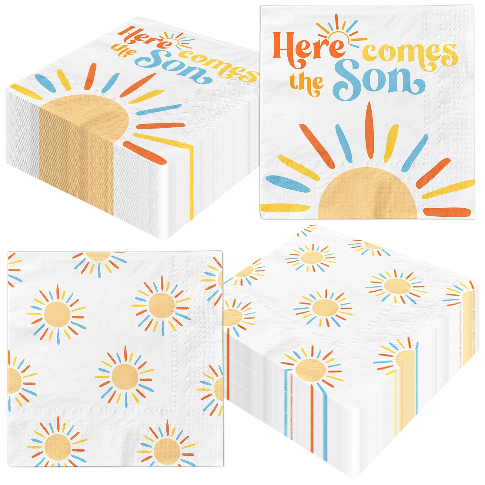 Here Comes The Son Baby Shower Decoration, 40pcs Disposable Retro Boho Sun Napkins Paper Little Ray Of Sunshine Baby Shower Napkins The Boho Sun Party Decorations for Boys Kids Birthday Supplies