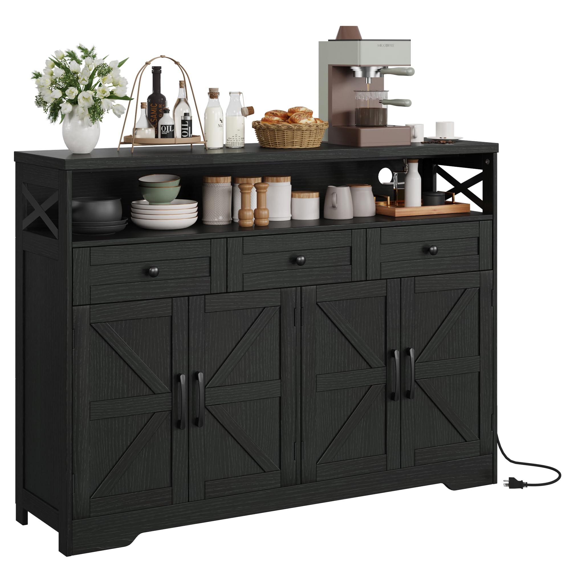 Befrases 52" L Modern Farmhouse Sideboard Buffet Cabinet, Black Storage Cabinet with Drawers & Shelves, Kitchen Pantry Hutch Cabinet, Coffee Bar Station Table for Living Room, Dining Room, Entryway