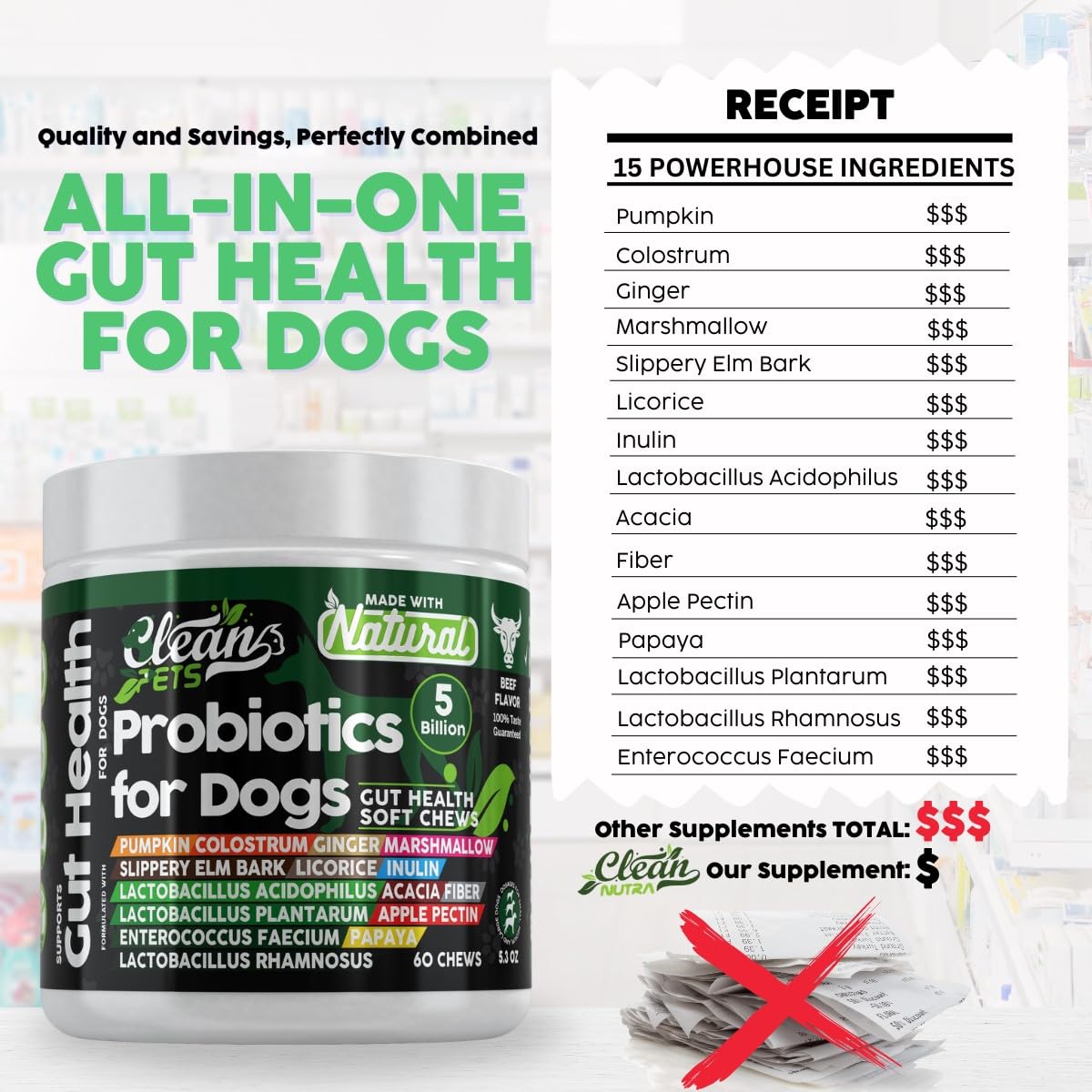 Gut Health Probiotics for Dogs with Pumpkin, Colostrum, Digestive Enzymes, Ginger, Slippery Elm, Licorice, Inulin Fiber & More | Beef Flavor Soft Chews Digestion Dog Supplement by Clean Pets