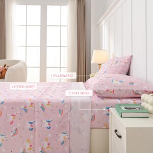 Vinogusto Twin Sheets Set Kids Pink Unicorn - 3 Pieces Breathable Printed Bedding Set - Fit Deep Pocket Soft Bed Sheets for Girls - Lightweight Cozy Twin Fitted Sheet