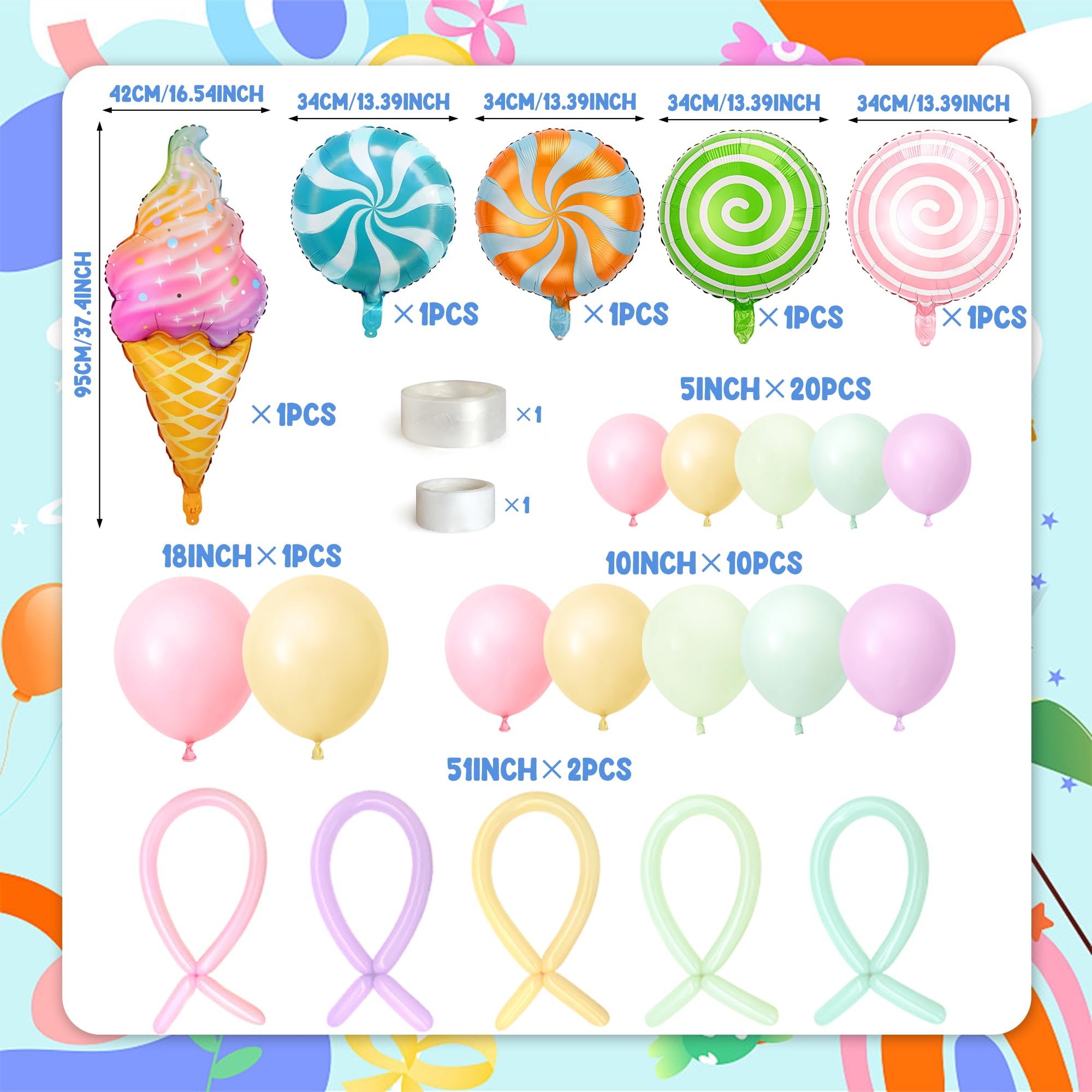 169 PCS Sweet Candy Balloon Garland Arch Kit 5/10/18 Inch Pastel Rainbow Latex Balloons Lollipop Ice Cream Foil Balloons for Candyland Party Girl Boy Birthday Party Baby Shower Decorations