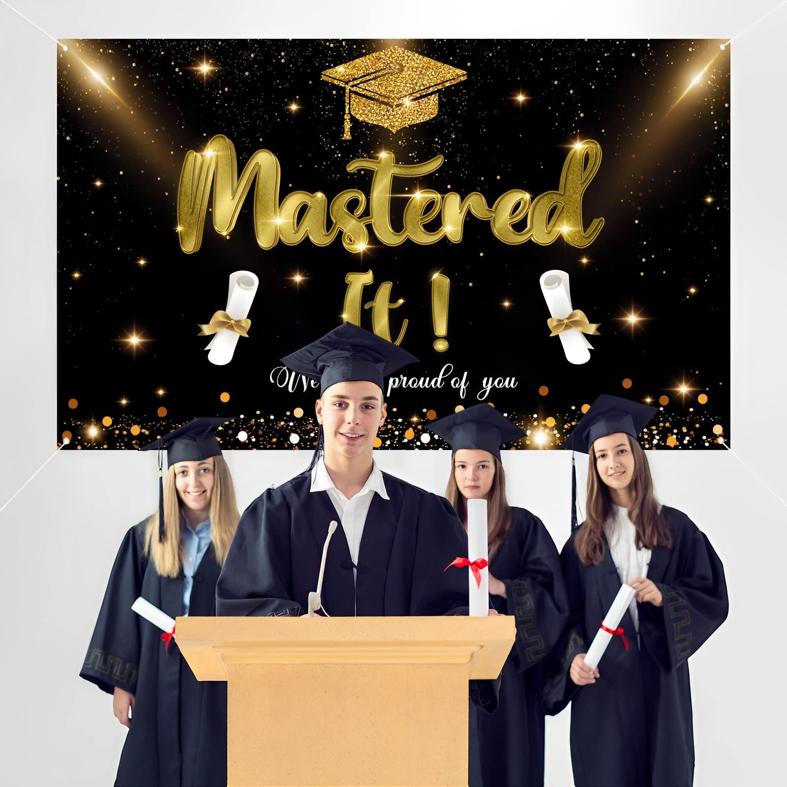 Labakita Mastered It Backdrop Banner, Masters Graduation Decorations, Masters Degree Graduation Banner, Graduation Decorations 2024, Graduation Party Indoor/Outdoor Decorations（Black and Gold）