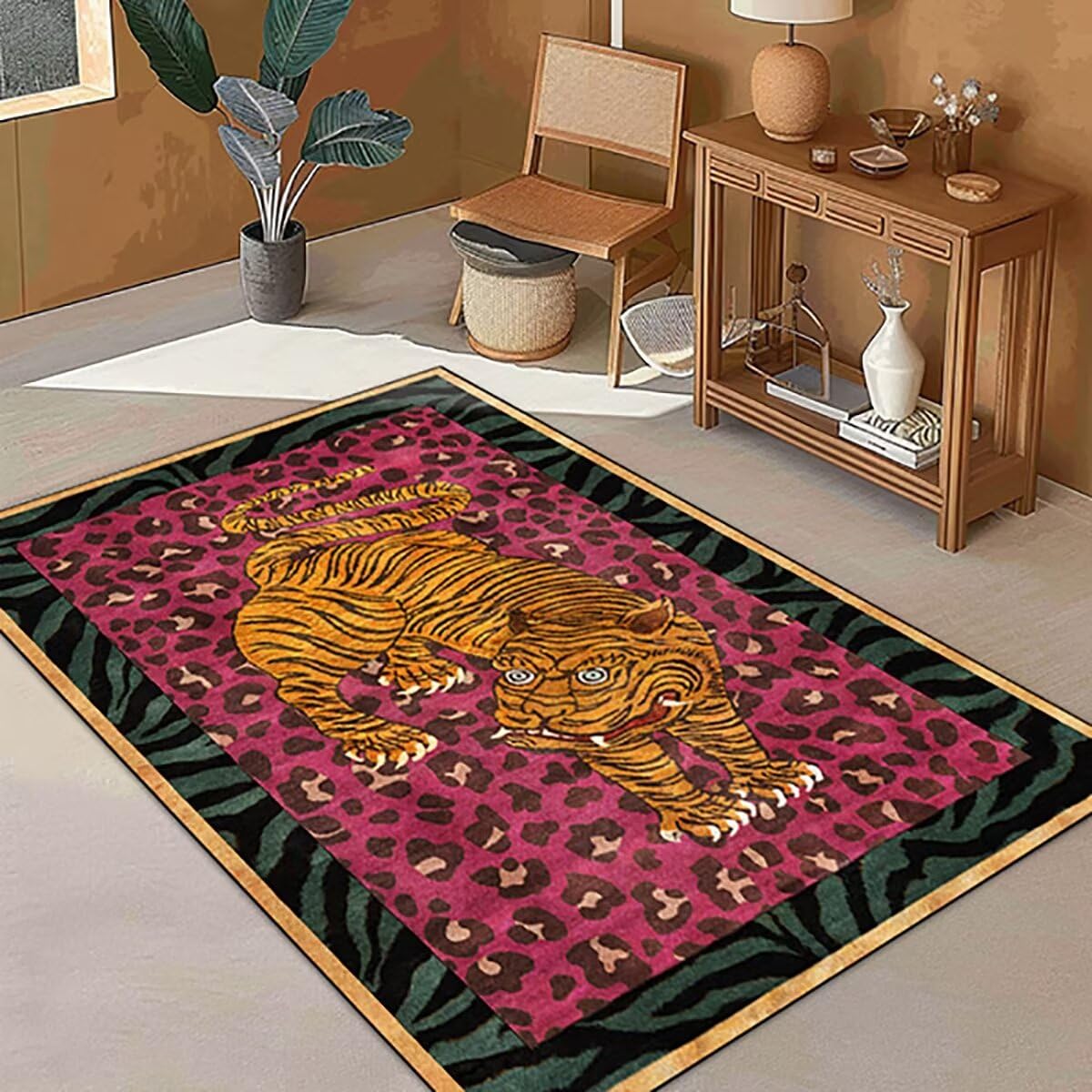 Boho Pink Tiger Rug 5x8 ft Leopard Print Rug Animal Print Area Rug for Bedroom Yellow Tiger Carpet for Living Room Non-Slip Washable Tiger Carpet