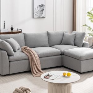 Taiweny Down Filled Convertible Modular Sectional Sofa, Modern Modular 3-Seat L-Shape Sofa Couch with Convertible Ottoman, Cloud Sofa Couch with Feather Filled for Living Room Apartment(Light Grey)