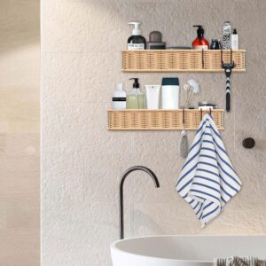 kuchisity Shower Caddy, 3 Pack Shower Caddy Shelves Organizer Rack No Drilling Wall Mounted Self Adhesive Shower Shelves, Wicker Shower Rack for Home Decor - Natural