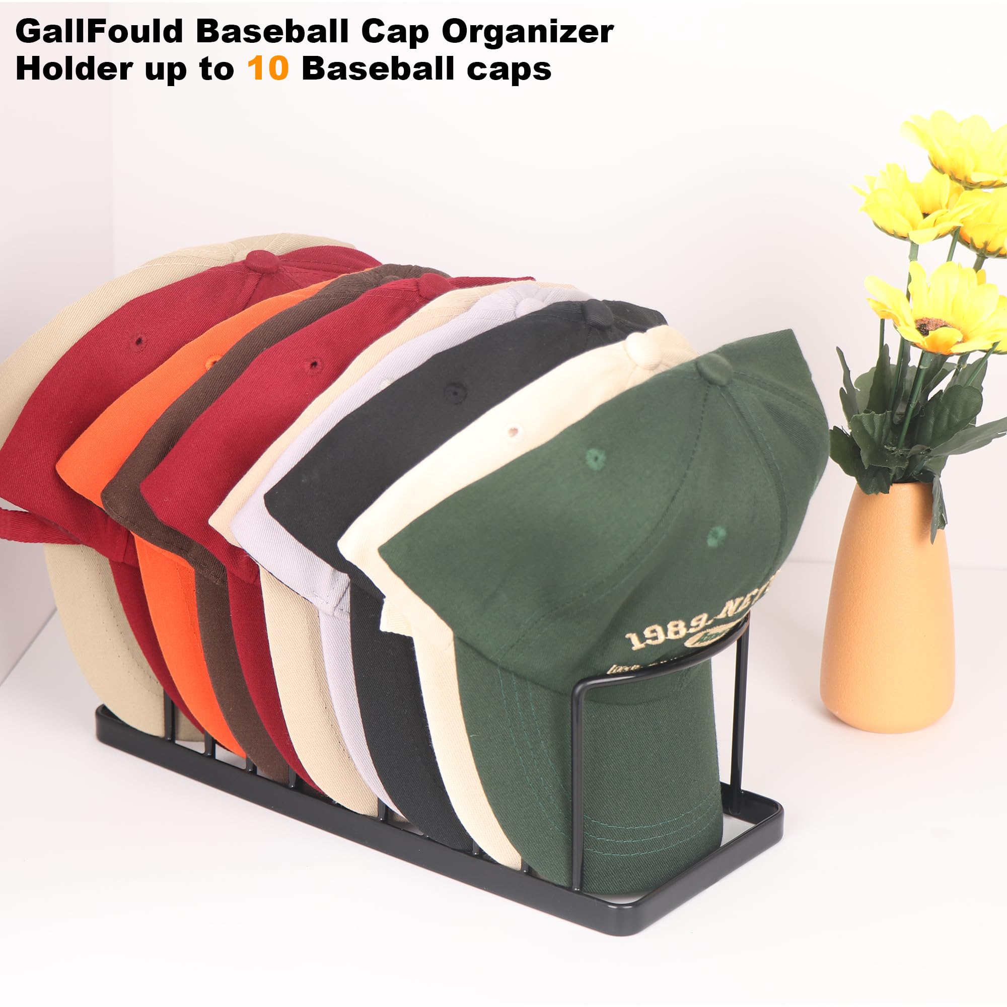 GallFould Hat Stand for Baseball Caps Display and Organizer - 2 Pack Metal Hat Organizer for 20 Baseball Caps - Free Standing/No Install Hat Rack for Closet, Bedroom, Tabletop (Black)