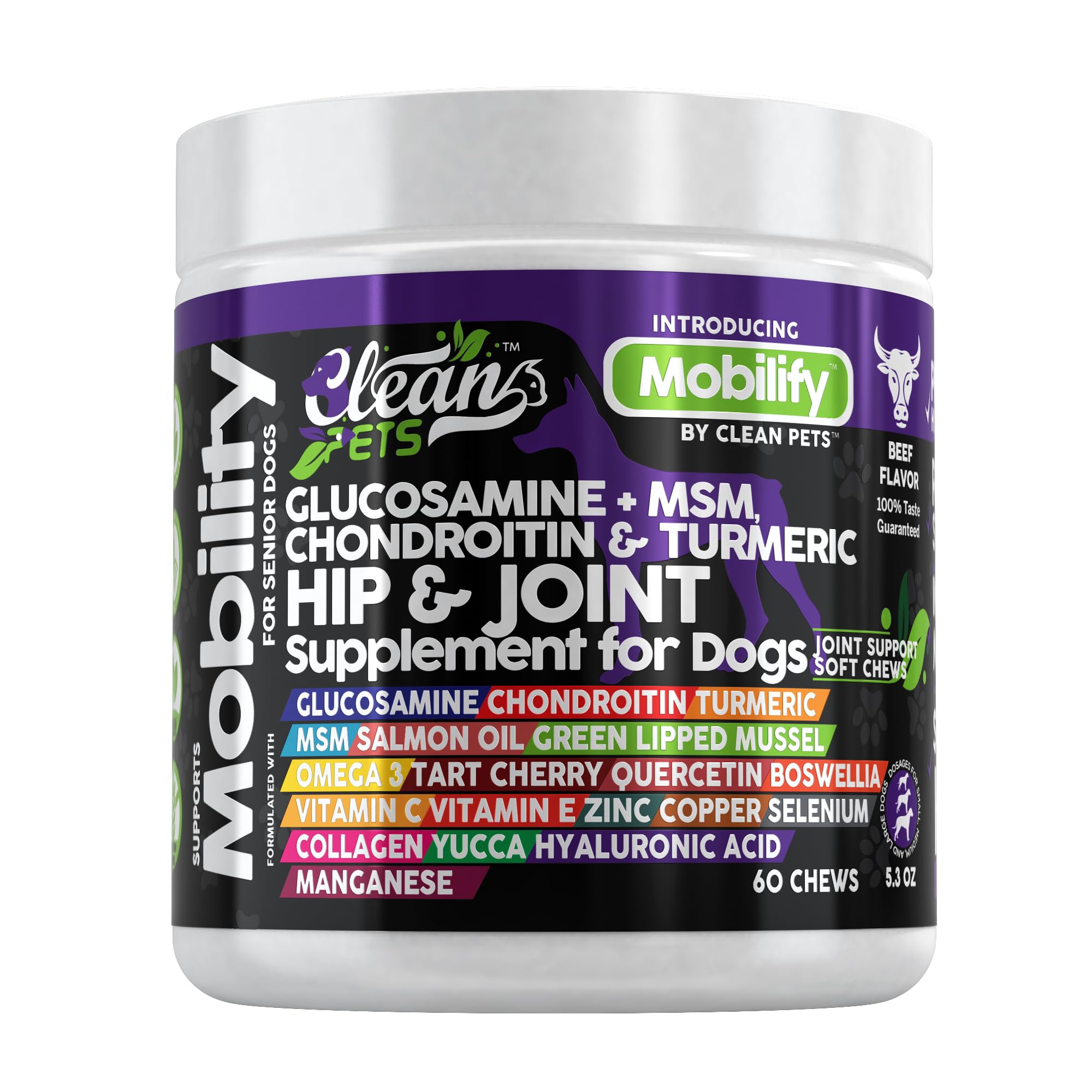 Hip and Joint Supplement Dogs with Glucosamine for Dogs + Chondroitin, Turmeric, Hyaluronic Acid, MSM, Salmon Oil, Collagen, Vitamin C, Omega 3 Senior Dog Supplements Beef Flavor by Clean Pets