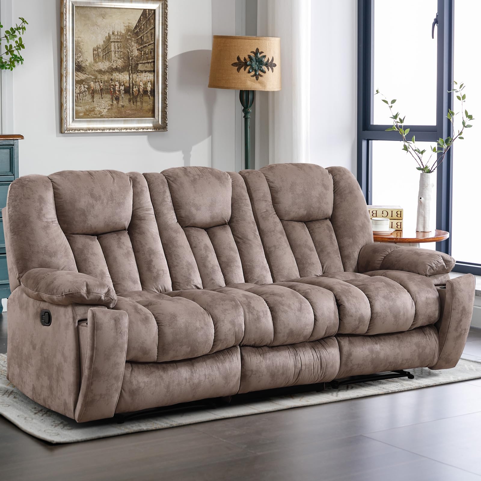 EBELLO Reclining Sofa for Living Room, Extra Wide Modern Overstuffed 3 Seat Recliner Manual Sofa Chair with Hidden Armrest Cup Holders, Breathable Soft Fabric and Padded Seat, Light Brown