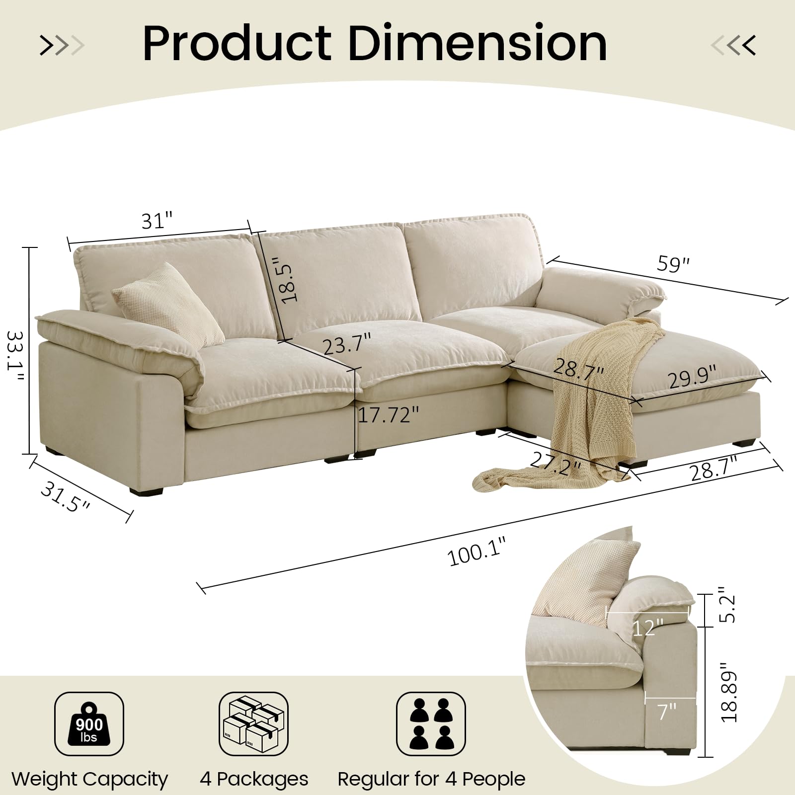 HALLYBEE Modular Sectional Sofa Deep Seat Cloud Couch with Reversible Chaise L Shaped Couch with Padded Armrests Chenille Sectional Couches for Living Room Apartment Office Beige