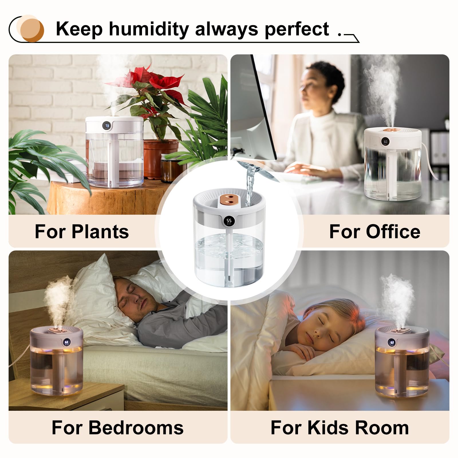 Smart Humidifier for Bedroom, Home, Great Room, Nursery, Office, 1.3L Cold Mist Top Fill 20 Hours Extra Long Use Time for Fast Relief, 26dB, 360° Dual Nozzles, Easy to Fill and Clean, BPA-Free