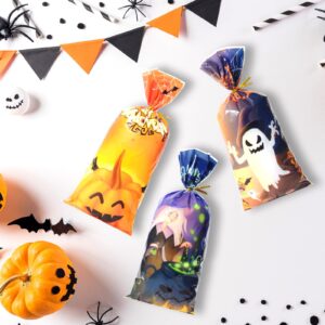 HiloPack Halloween Goodie Bags for Candy, 50Pcs Halloween Treat Bags with Twist Ties, Halloween Candy Bags for Kids Trick or Treat Party Supplies, Hallowen Favors Gift Bag Decor (Halloween Goody Bag)