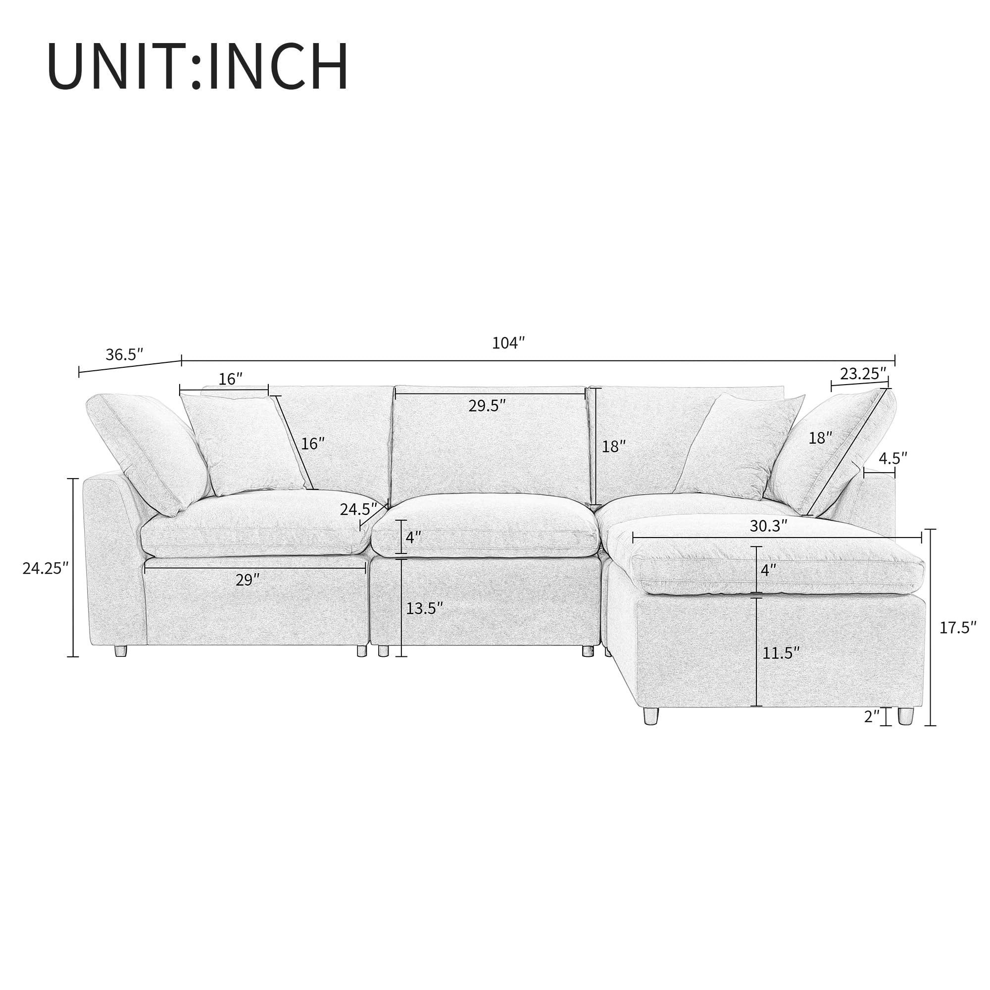 Taiweny Down Filled Convertible Modular Sectional Sofa, Modern Modular 3-Seat L-Shape Sofa Couch with Convertible Ottoman, Cloud Sofa Couch with Feather Filled for Living Room Apartment(Light Grey)