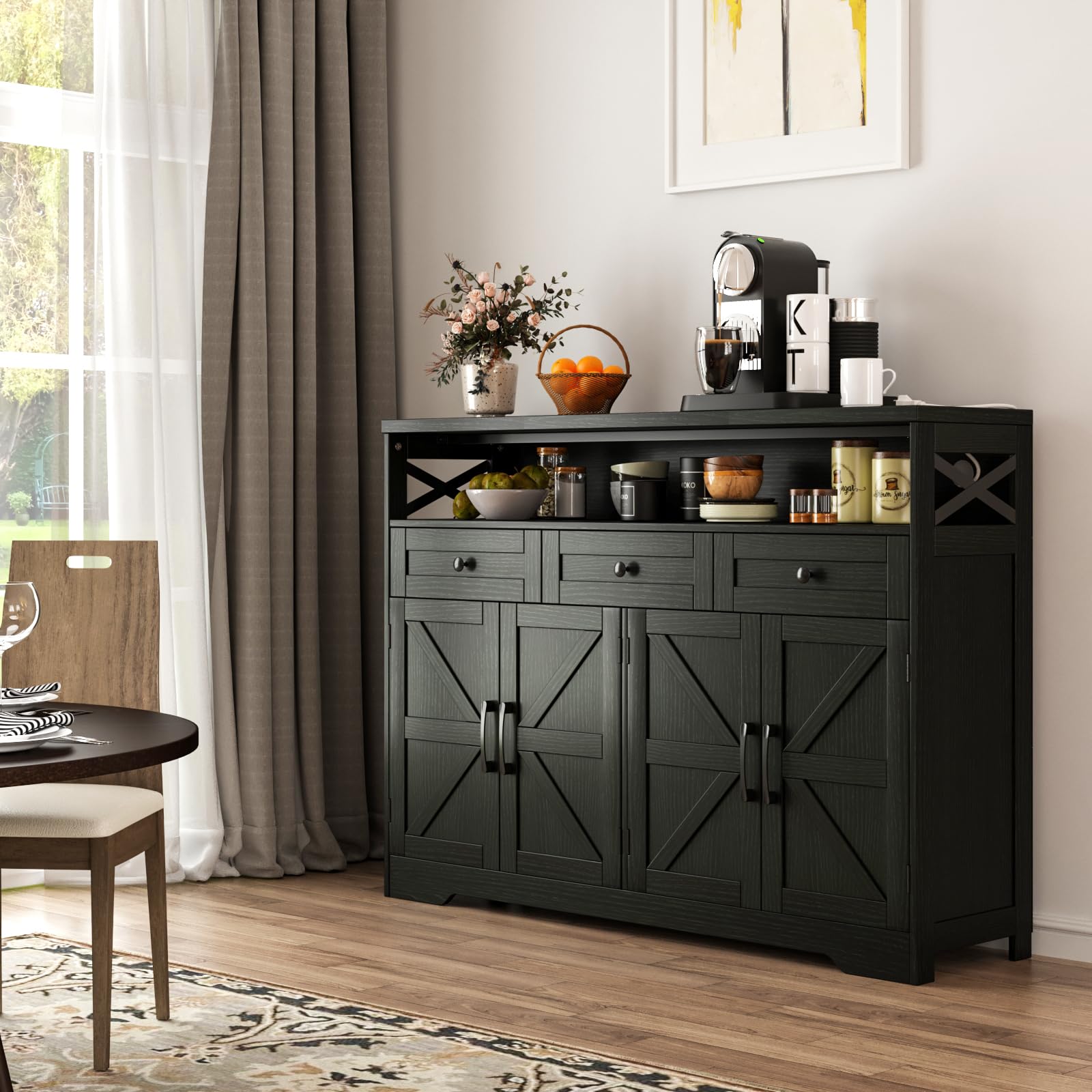 Befrases 52" L Modern Farmhouse Sideboard Buffet Cabinet, Black Storage Cabinet with Drawers & Shelves, Kitchen Pantry Hutch Cabinet, Coffee Bar Station Table for Living Room, Dining Room, Entryway