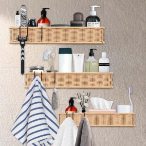 kuchisity shower caddy, 3 pack shower caddy shelves organizer rack no drilling wall mounted self adhesive shower shelves, wicker shower rack for home decor - natural