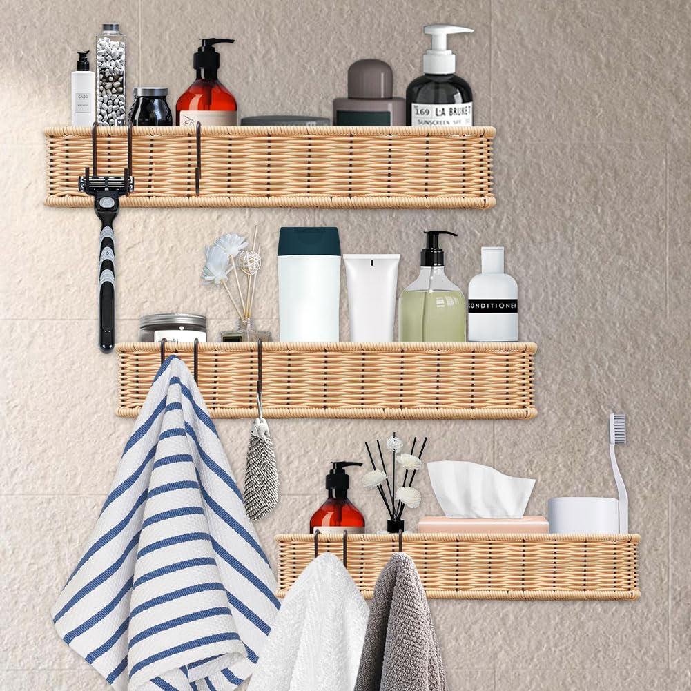 kuchisity Shower Caddy, 3 Pack Shower Caddy Shelves Organizer Rack No Drilling Wall Mounted Self Adhesive Shower Shelves, Wicker Shower Rack for Home Decor - Natural