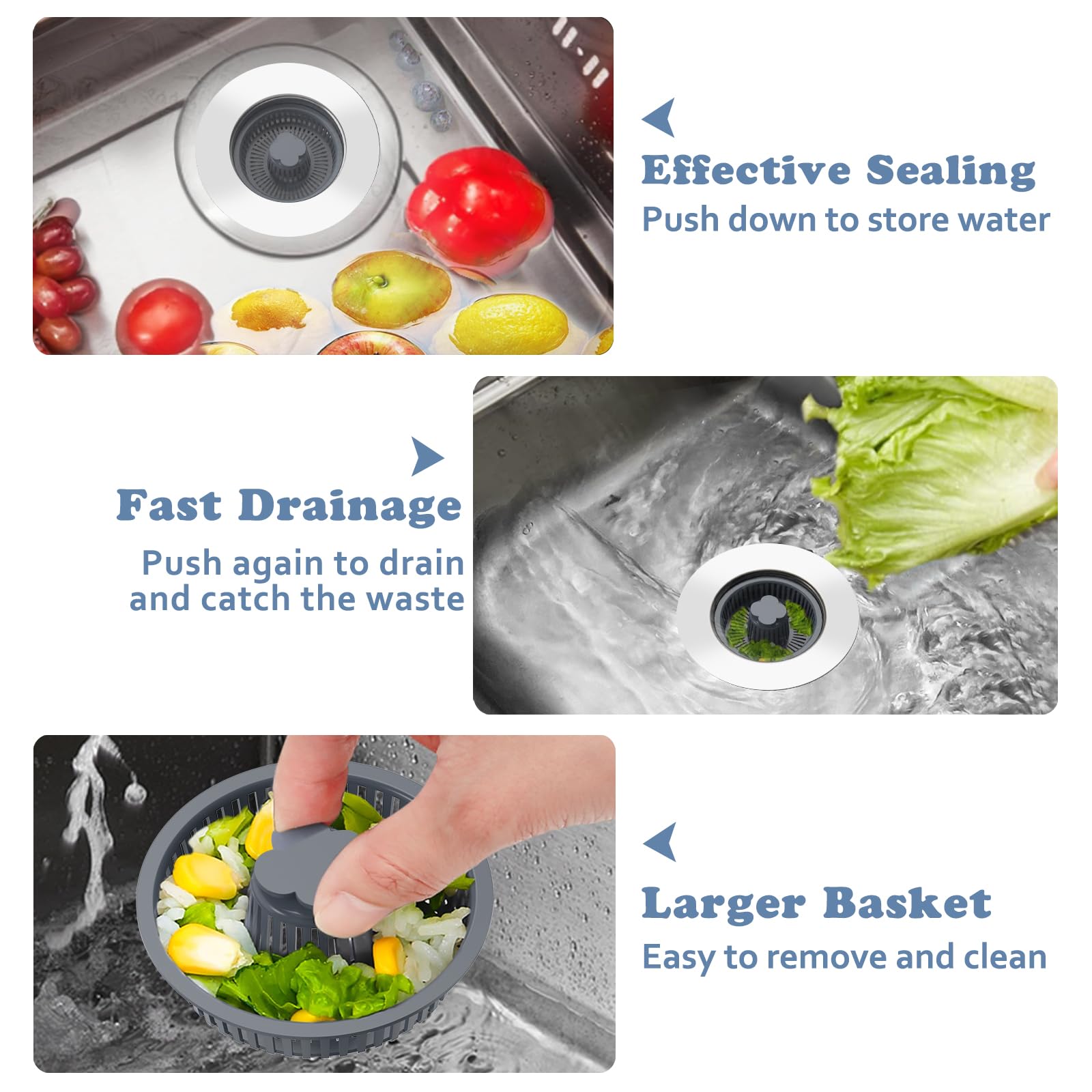 3 in 1 Kitchen Sink Drain Strainer & Stopper Kit, SUS304 Stainless Steel Pop-up Kitchen Drain Stopper with Strainer Basket, Fast Drainage Kitchen Sink Plug for Standard 3-1/2 Inch Drain