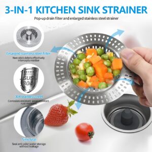 AAEJE【2024 New Upgrade】 3 in 1 Kitchen Sink Drain Strainer，Stainless Steel Pop Up Sink Drain Strainer，Kitchen Sink Stopper for US Standard 3-1/2" Drain