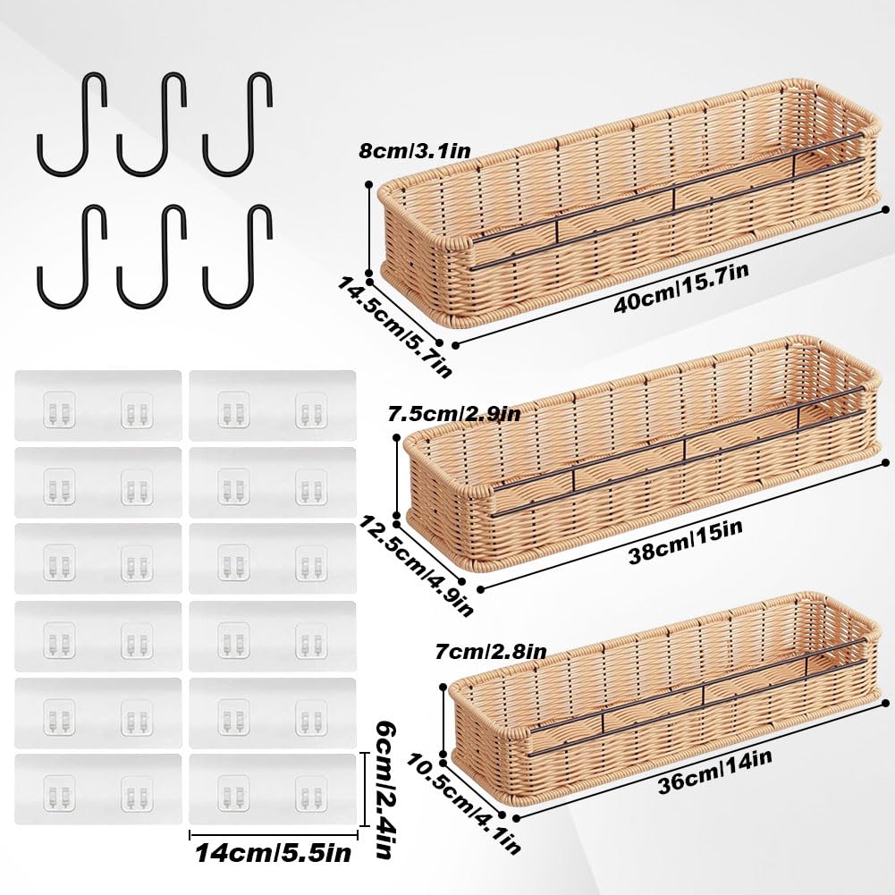 kuchisity Shower Caddy, 3 Pack Shower Caddy Shelves Organizer Rack No Drilling Wall Mounted Self Adhesive Shower Shelves, Wicker Shower Rack for Home Decor - Natural