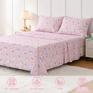 Vinogusto Twin Sheets Set Kids Pink Unicorn - 3 Pieces Breathable Printed Bedding Set - Fit Deep Pocket Soft Bed Sheets for Girls - Lightweight Cozy Twin Fitted Sheet