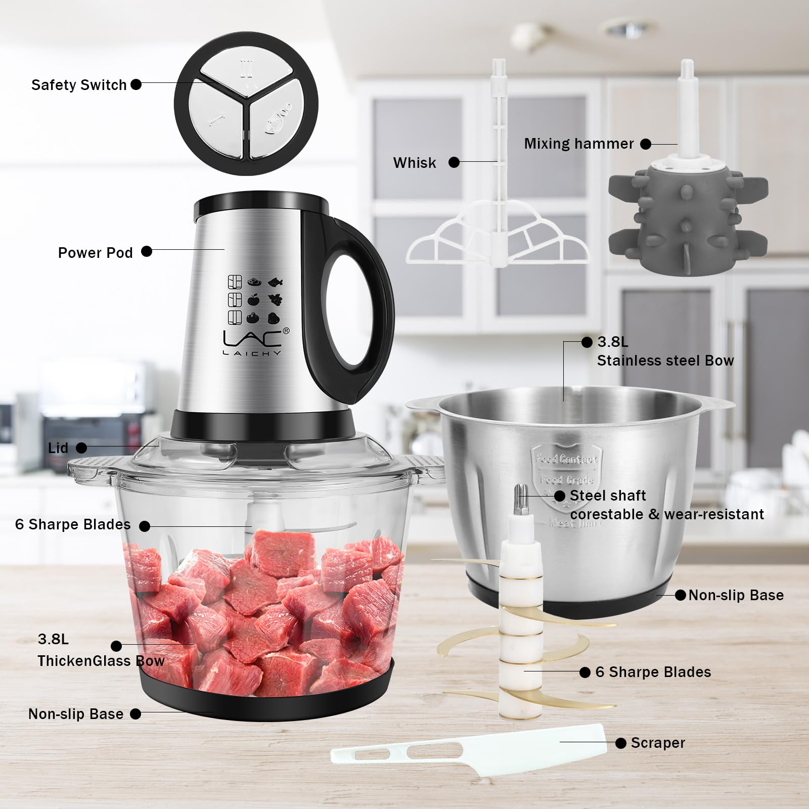 16 Cup Large Food Processors,Meat Grinder Veggie Chopper with with 2 pieces 16Cup Bowls 350W Electric Food Processors,3 Speed,2 pieces 6 Bi-Level Bladesand Spatula for Baby Food,Meat,Vegetables,Fruits