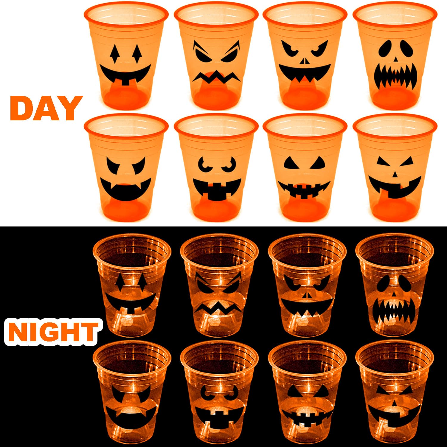 mishunyus 40 Pcs Halloween Glow Pumpkin Party Cups for Adults Kids, 16 oz Orange Plastic Cups Reusable Party Cups for Halloween Party Night,Daytime Supplies Decorations