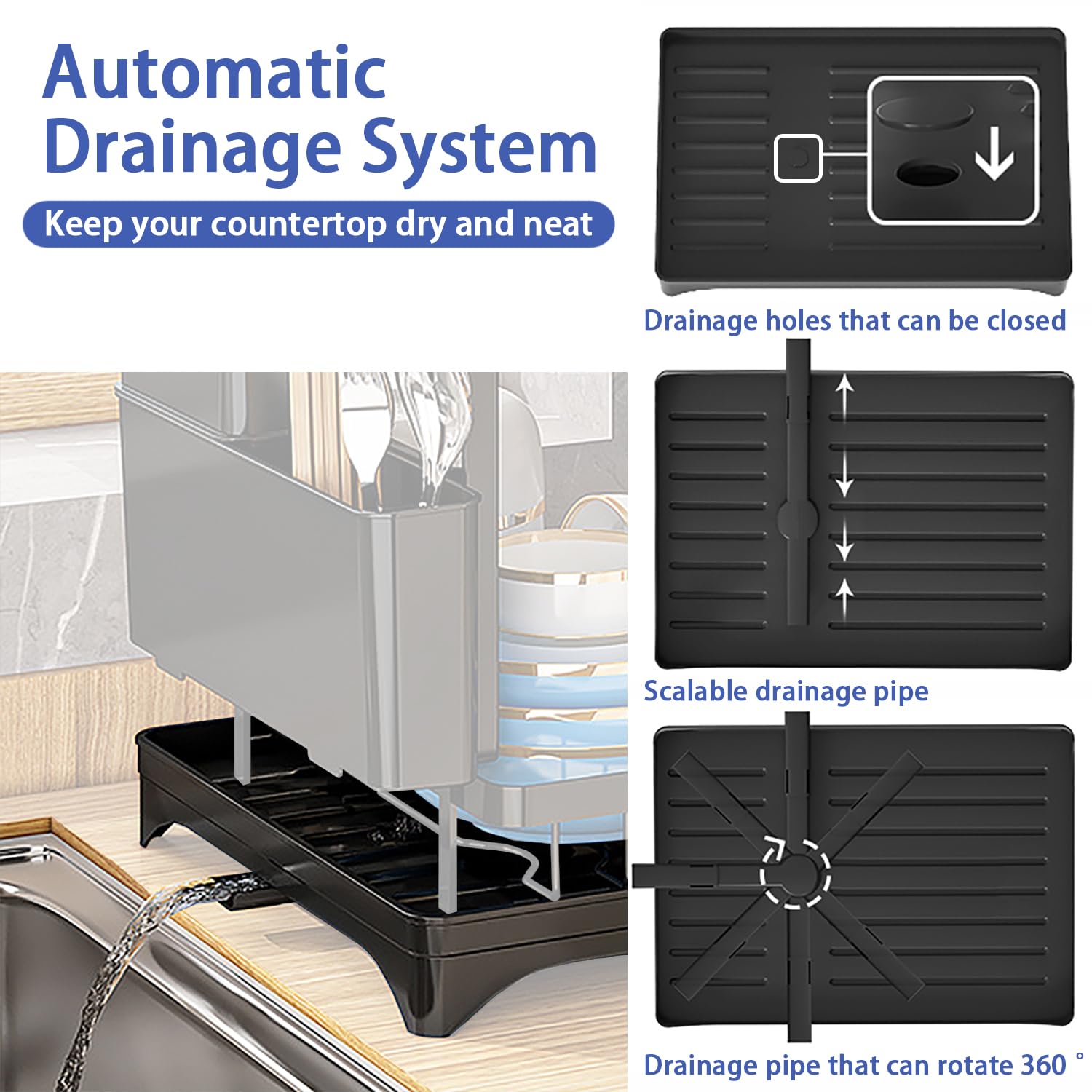 Stoigeld 2-Tier Dish Drying Rack with Utensil Holder,Stainless Steel Dish Rack with Drainboard for Kitchen Counter,Kitchen Organizers and Storage Rack (Black)