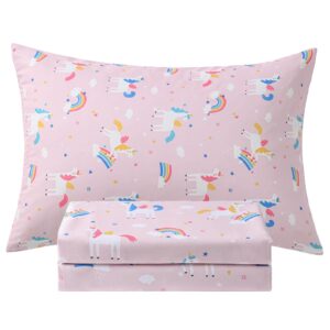 vinogusto twin sheets set kids pink unicorn - 3 pieces breathable printed bedding set - fit deep pocket soft bed sheets for girls - lightweight cozy twin fitted sheet