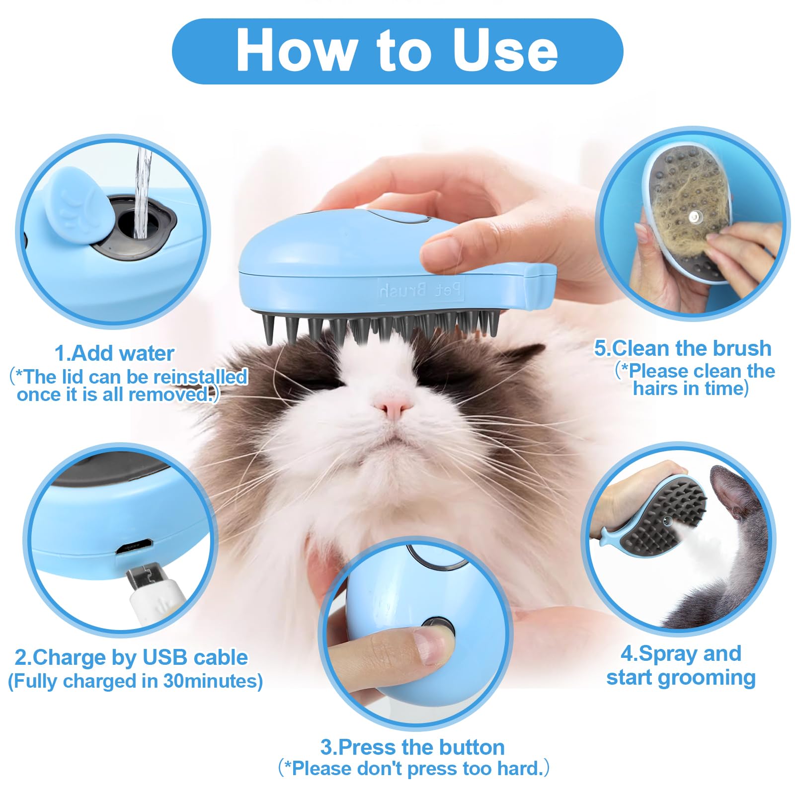 Nepfaivy Cat Steam Brush for Shedding - 3 in 1 Pet Steam Brush for Dog and Cat, Rechargeable Steamy Cat Brush, Spritz Defur Comb for Cats, Steamer Brush for Massage, Grooming and Removing Loose Hair