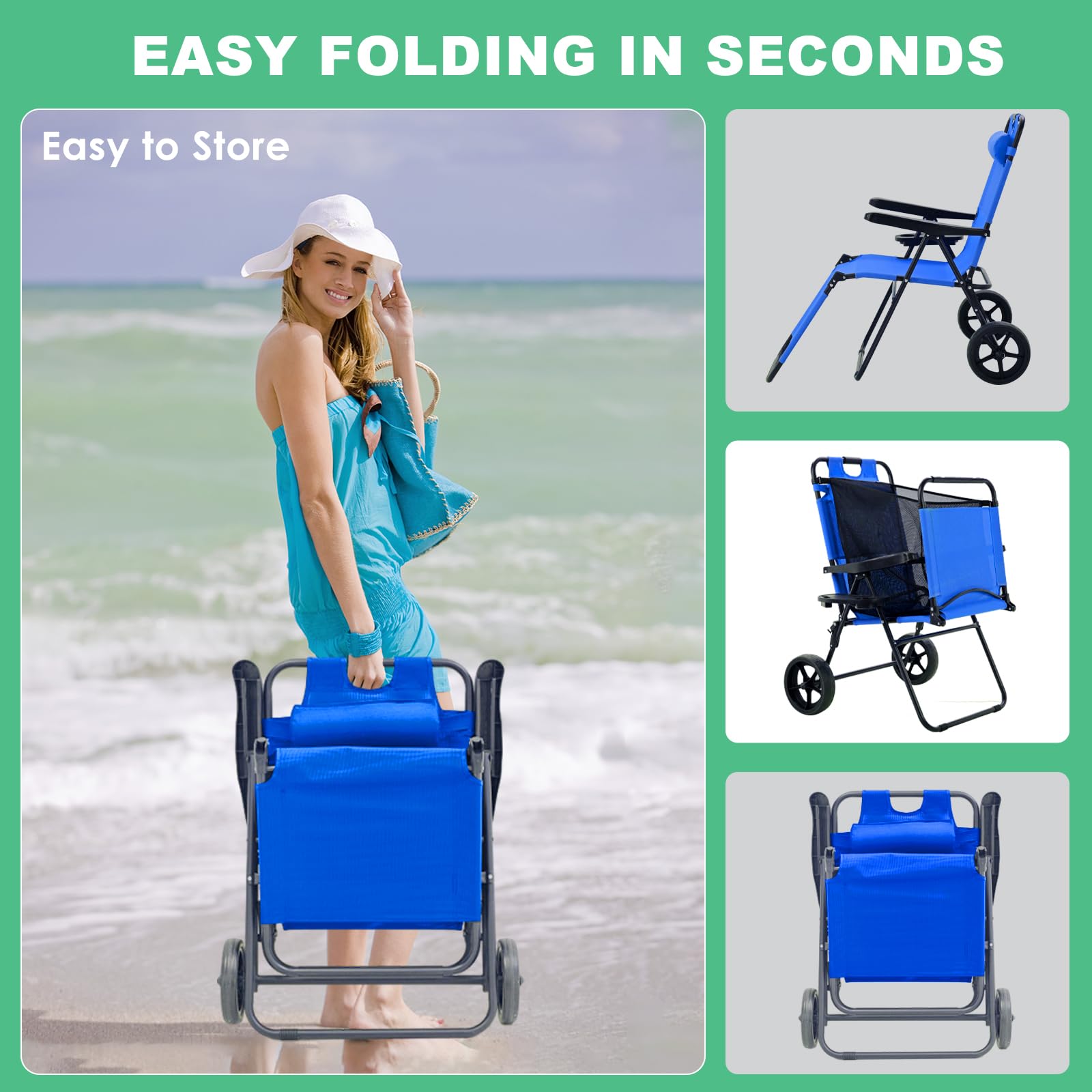 DoCred Beach Cart Chair - 2 in 1 Foldable Beach Chair with Wheels, Beach Lounge Chair, Chair Wagon Beach Cart with 5 Positions for Beach, Backyard, Pool, Camping or Picnic