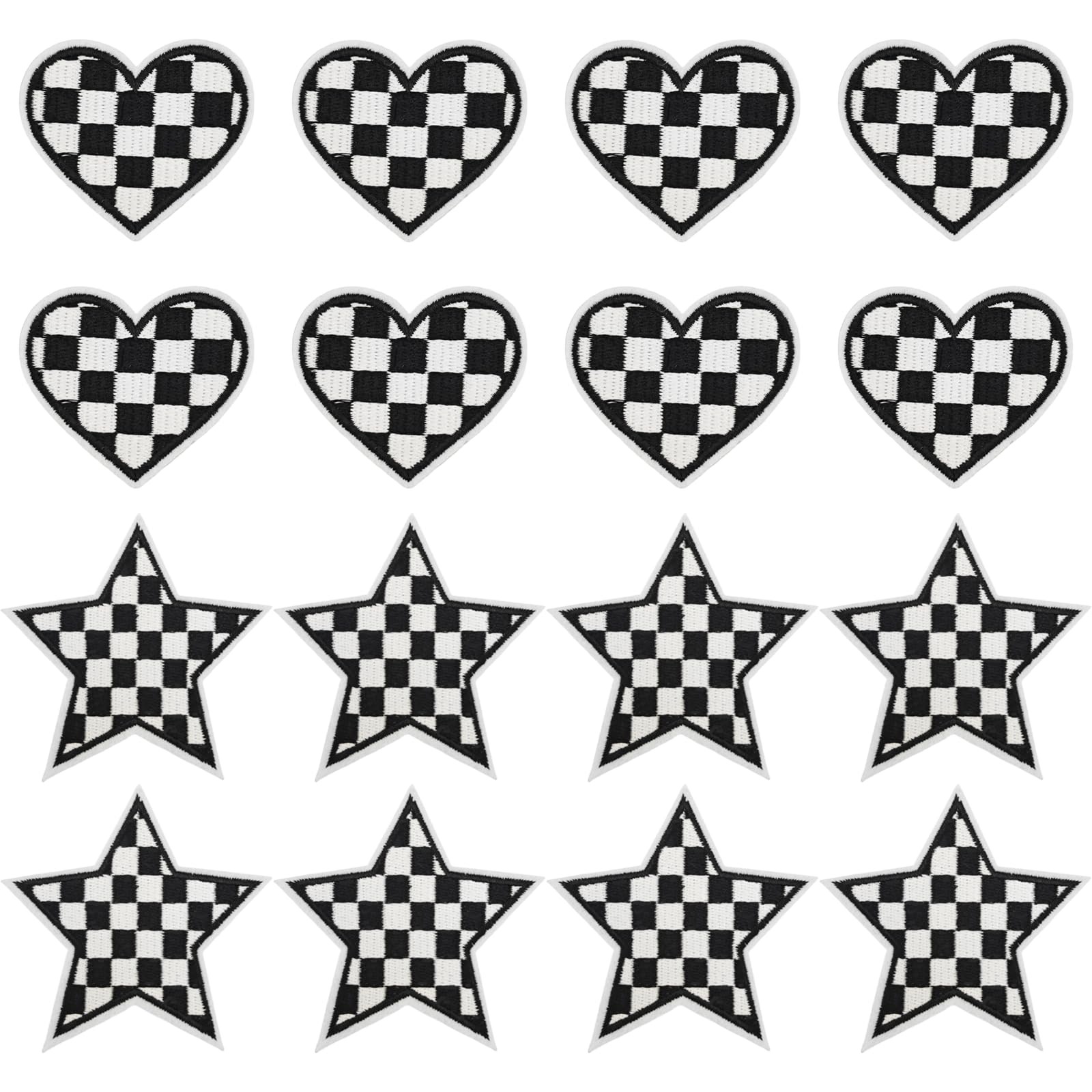 16Pcs Black&White Checkered Heart&Star Western Iron on Embroidered Set, Contains 8 Heart Patches and 8 Star Patches, Black&White Embroidered Sew on Patch Applique Embellishments for Jeans, Hat