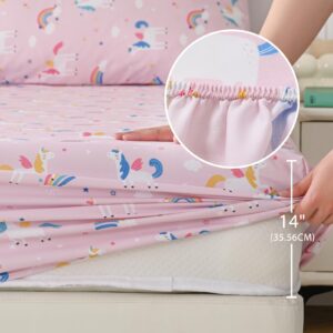 Vinogusto Twin Sheets Set Kids Pink Unicorn - 3 Pieces Breathable Printed Bedding Set - Fit Deep Pocket Soft Bed Sheets for Girls - Lightweight Cozy Twin Fitted Sheet