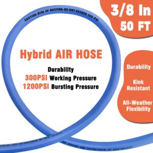 Air Compressor Hose 3/8 in x 50 ft, 300 PSI Heavy Duty Hybrid Air Hose with Quick Coupler and Plug Kit, Lightweight, Kink Resistant, All Weather Flexibility with Bend Restrictors, Blue