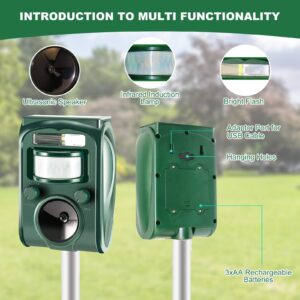 2024 Ultrasonic Animal Repellent, Solar Powered Outdoor Squirrels Deterrent with LED Flashing Motion,Sensor and Sound,Waterproof Deer Dog Repeller,Cat Repellent for Bird Skunk Rabbit