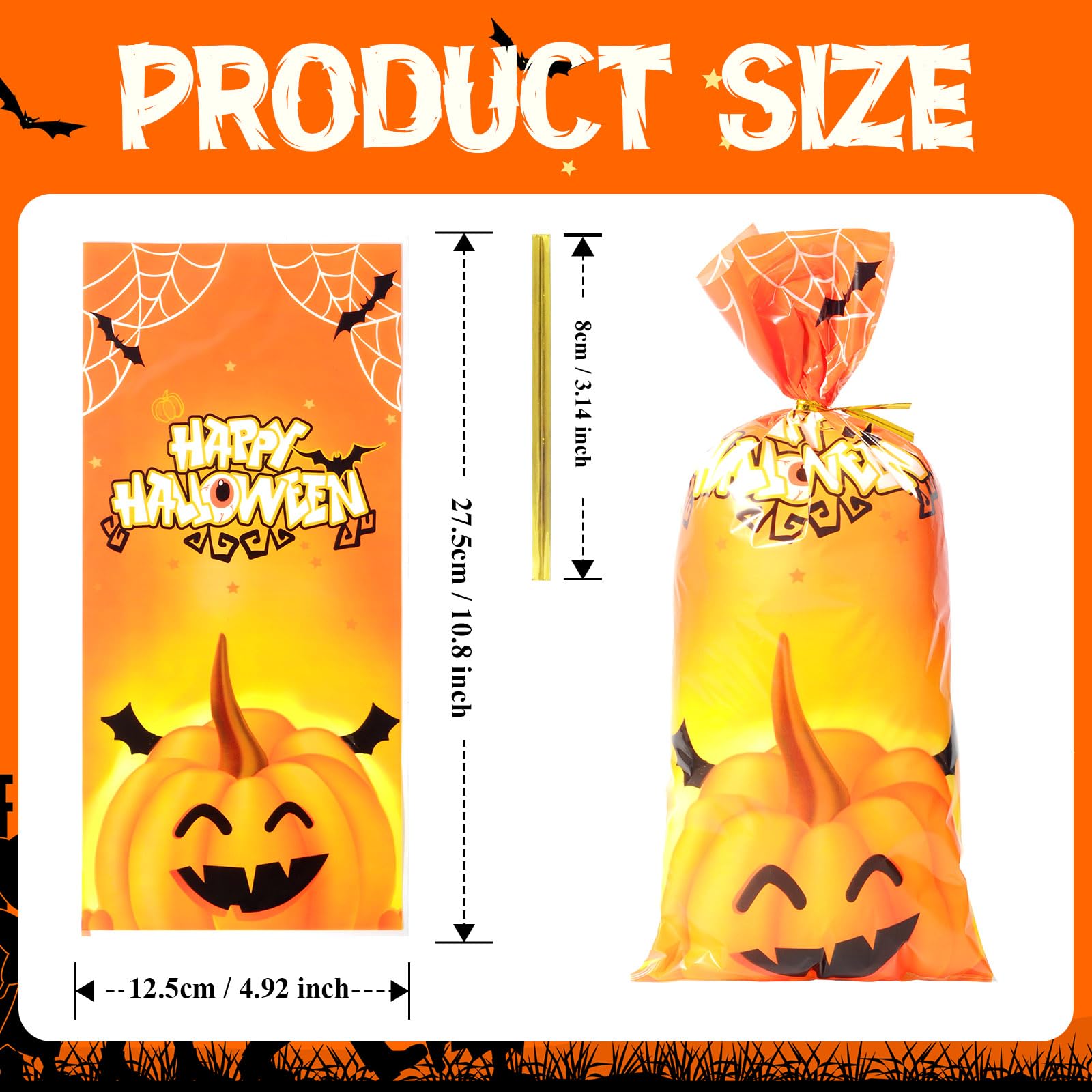 HiloPack Halloween Goodie Bags for Candy, 50Pcs Halloween Treat Bags with Twist Ties, Halloween Candy Bags for Kids Trick or Treat Party Supplies, Hallowen Favors Gift Bag Decor (Halloween Goody Bag)