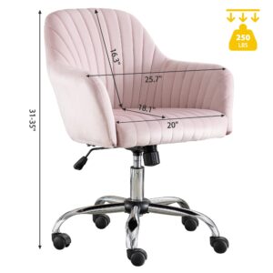 GEAIMQX Pink Velvet Vanity Desk Chair with Back and Wheels, Cute Makeup Chair for Vanity, Modern Swivel Rolling Chair for Bedroom Home Office Makeup Room, Adjustable High Silver Legs (Pink)