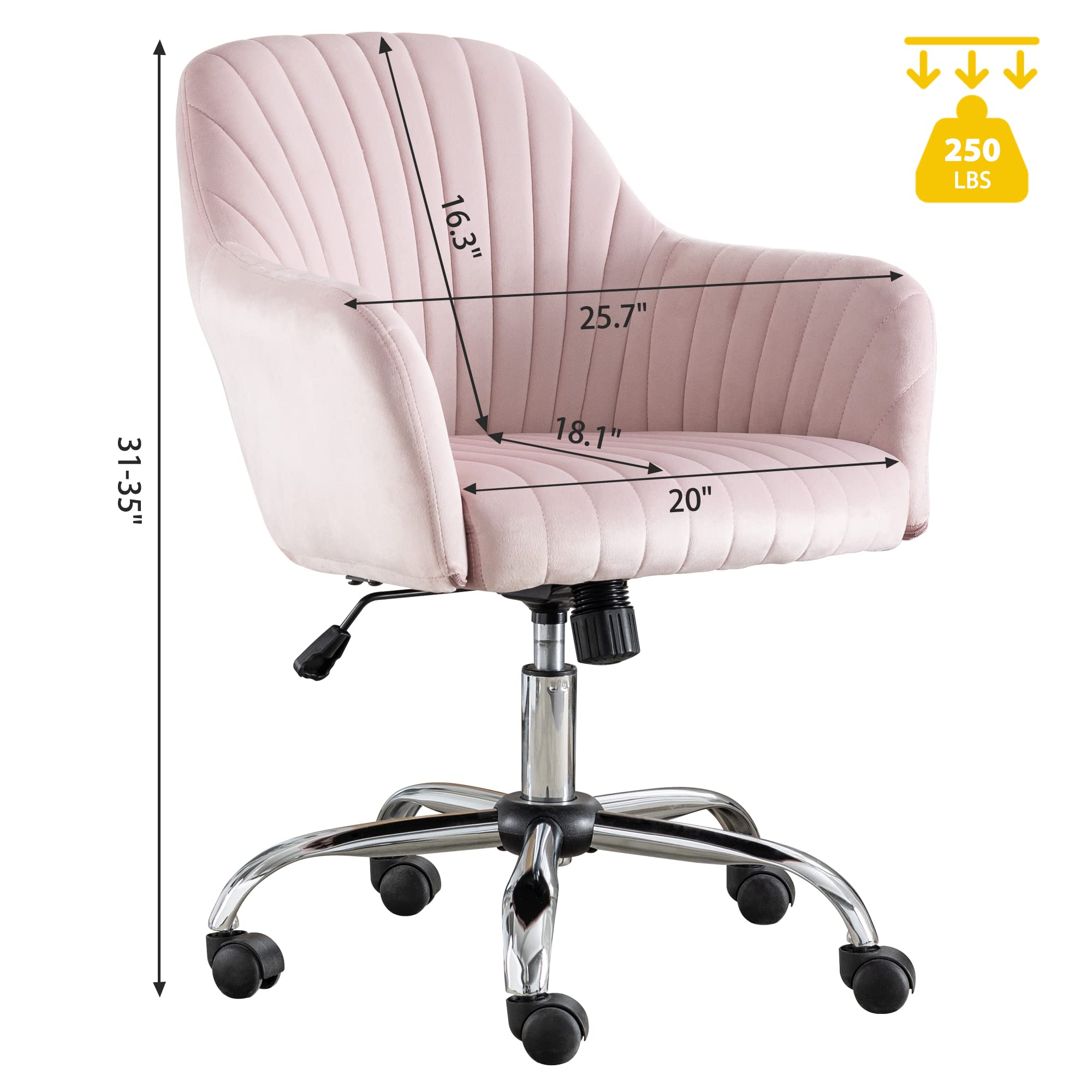 GEAIMQX Pink Velvet Vanity Desk Chair with Back and Wheels, Cute Makeup Chair for Vanity, Modern Swivel Rolling Chair for Bedroom Home Office Makeup Room, Adjustable High Silver Legs (Pink)