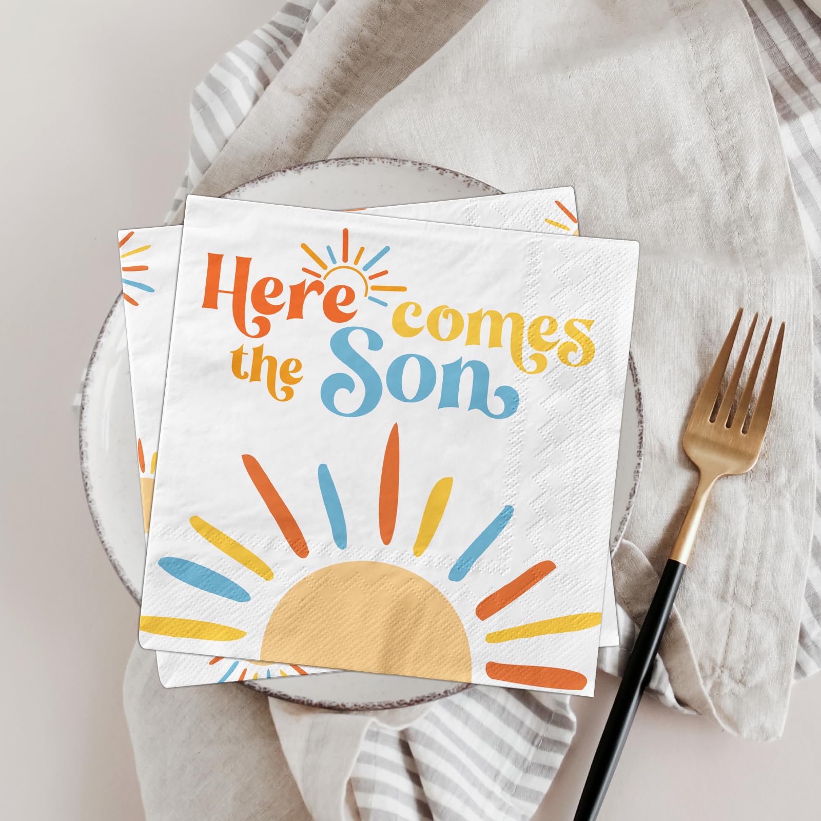 Here Comes The Son Baby Shower Decoration, 40pcs Disposable Retro Boho Sun Napkins Paper Little Ray Of Sunshine Baby Shower Napkins The Boho Sun Party Decorations for Boys Kids Birthday Supplies